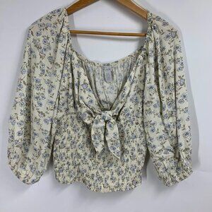 West of Melrose Women's Floral Stretch V Neck Front Tie Long Sleeve Size L